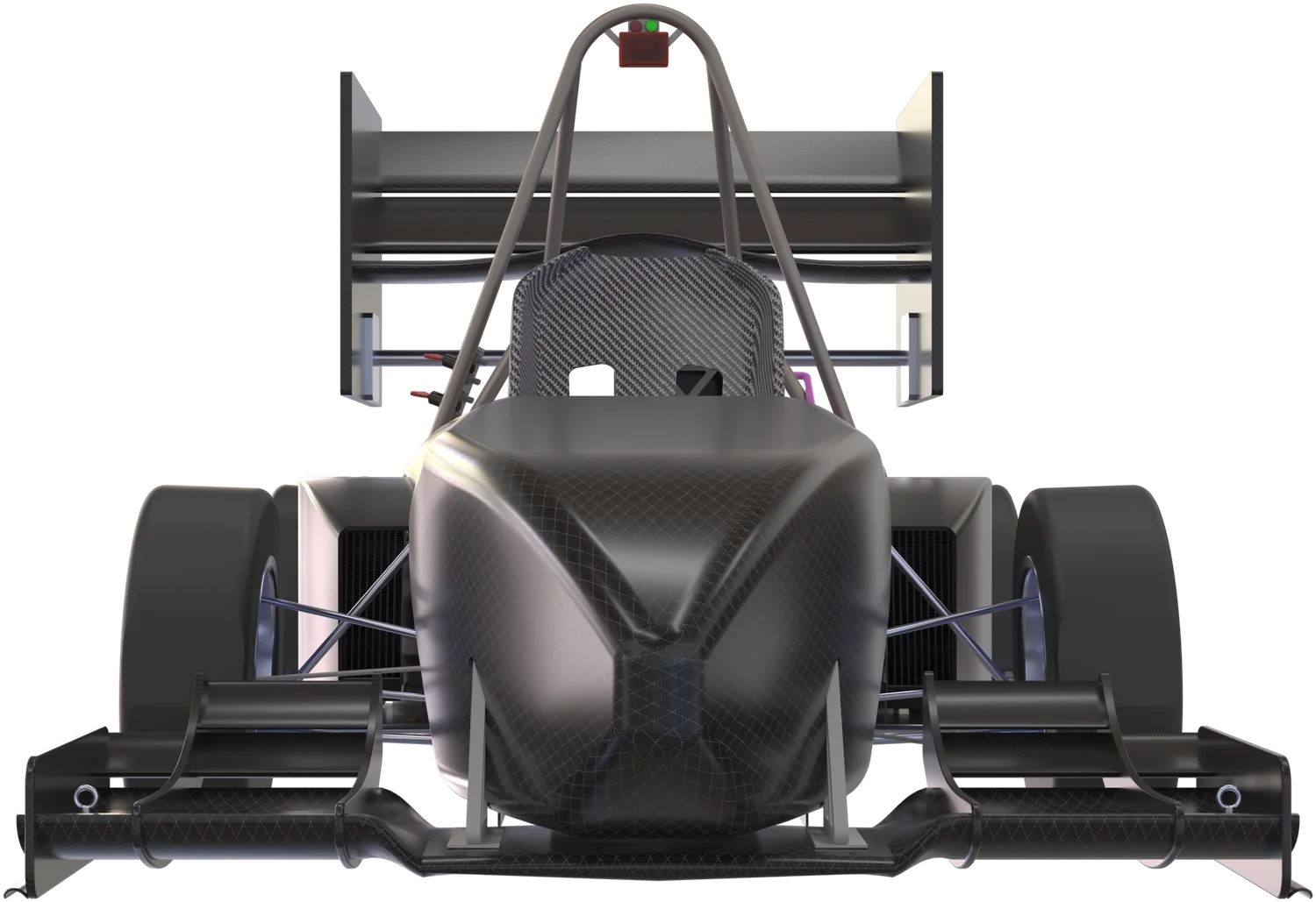 Front view of the car showing the front wing and carbon fibre nose cone